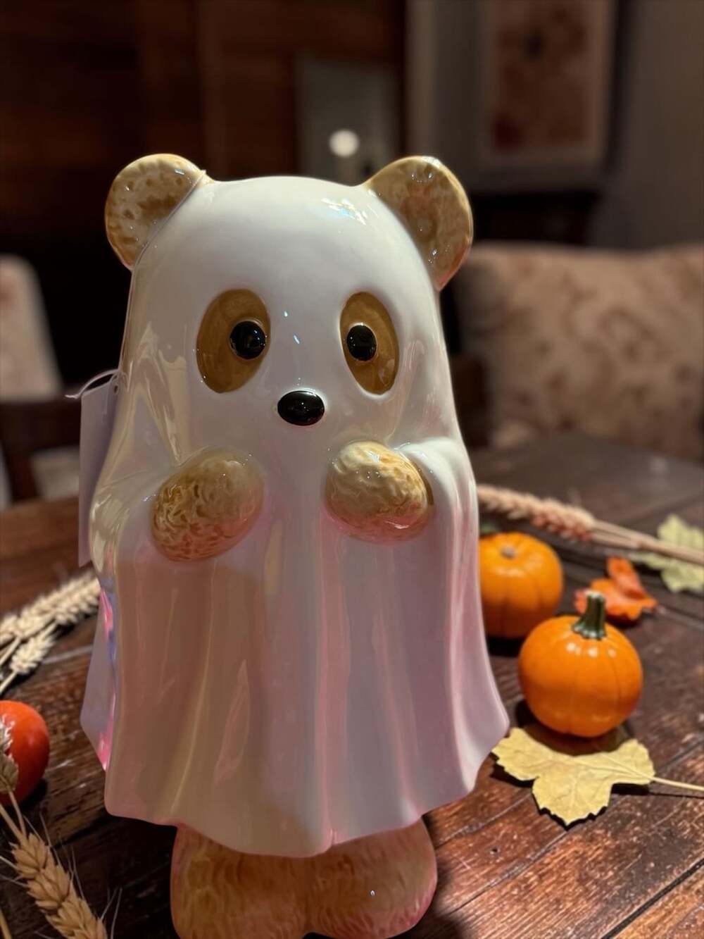 Eerie Elegance Ceramic Bear Dressed as Ghost Halloween Decor Figurine